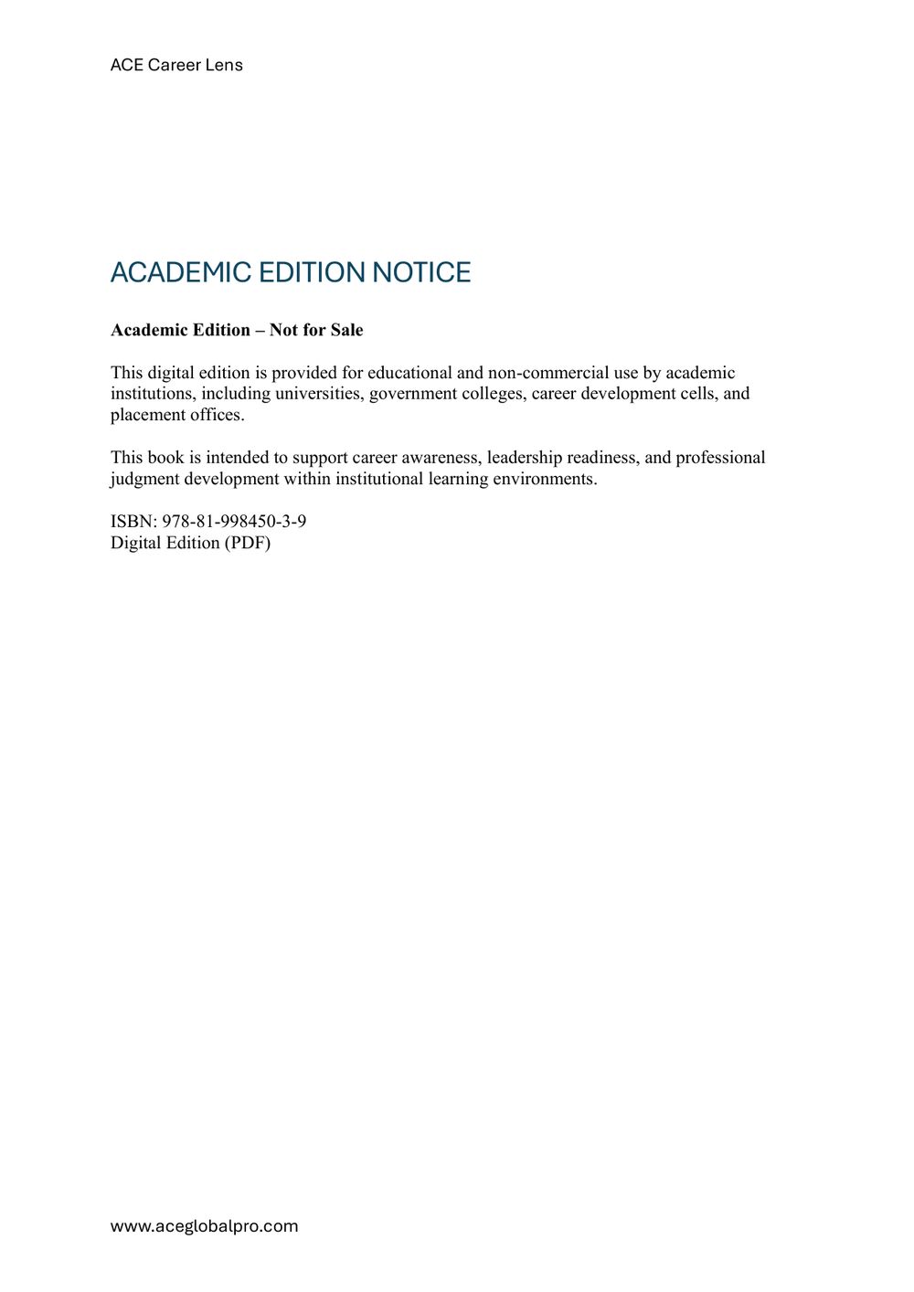 Verso page of the Academic edition of ACE Career Lens: From Performer to Decision Maker, showing ISBN 978-81-998450-3-9