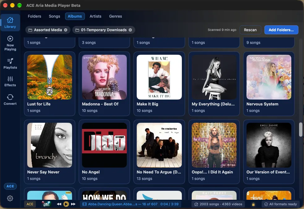 Albums — artwork is fetched when needed, then your library remains arranged around the music.