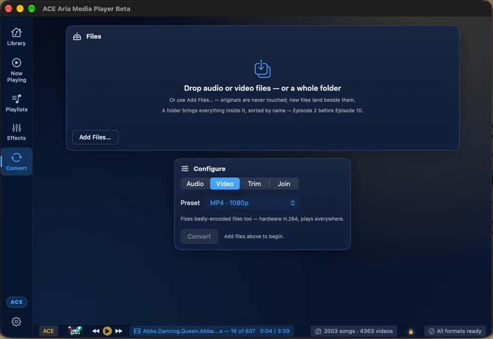 Convert — a real utility workflow inside the player, with explicit format choices.
