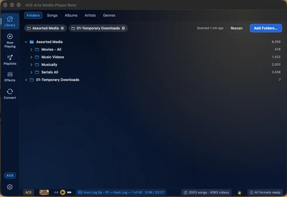 ACE Aria Media Player, a real screen from the Mac app