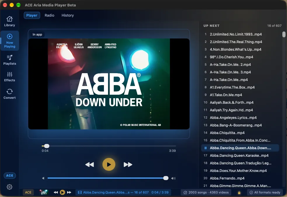 Now Playing — the listening view keeps controls, detail, and your library close.