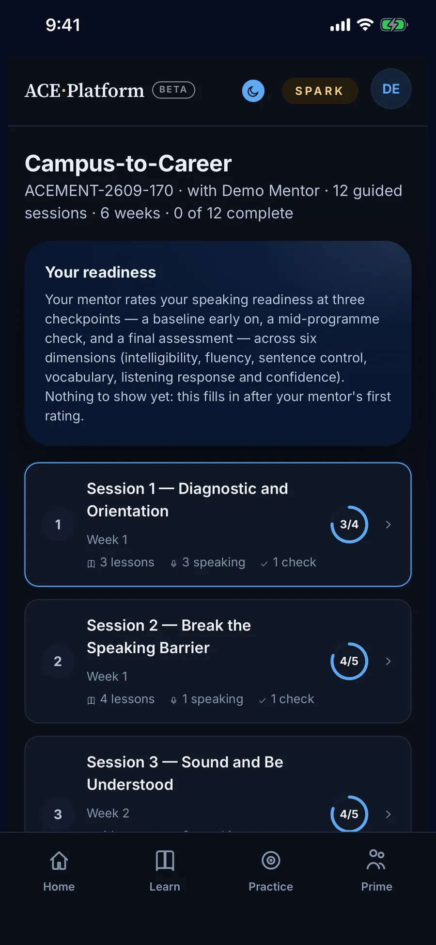 A learner's Campus-to-Career programme on a phone: twelve guided sessions, each showing lessons, speaking tasks and checks completed