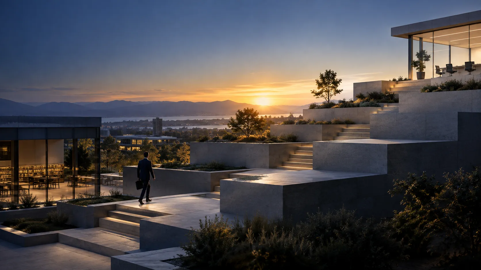 A professional moving upward through a six-level architectural path toward a workplace at sunrise