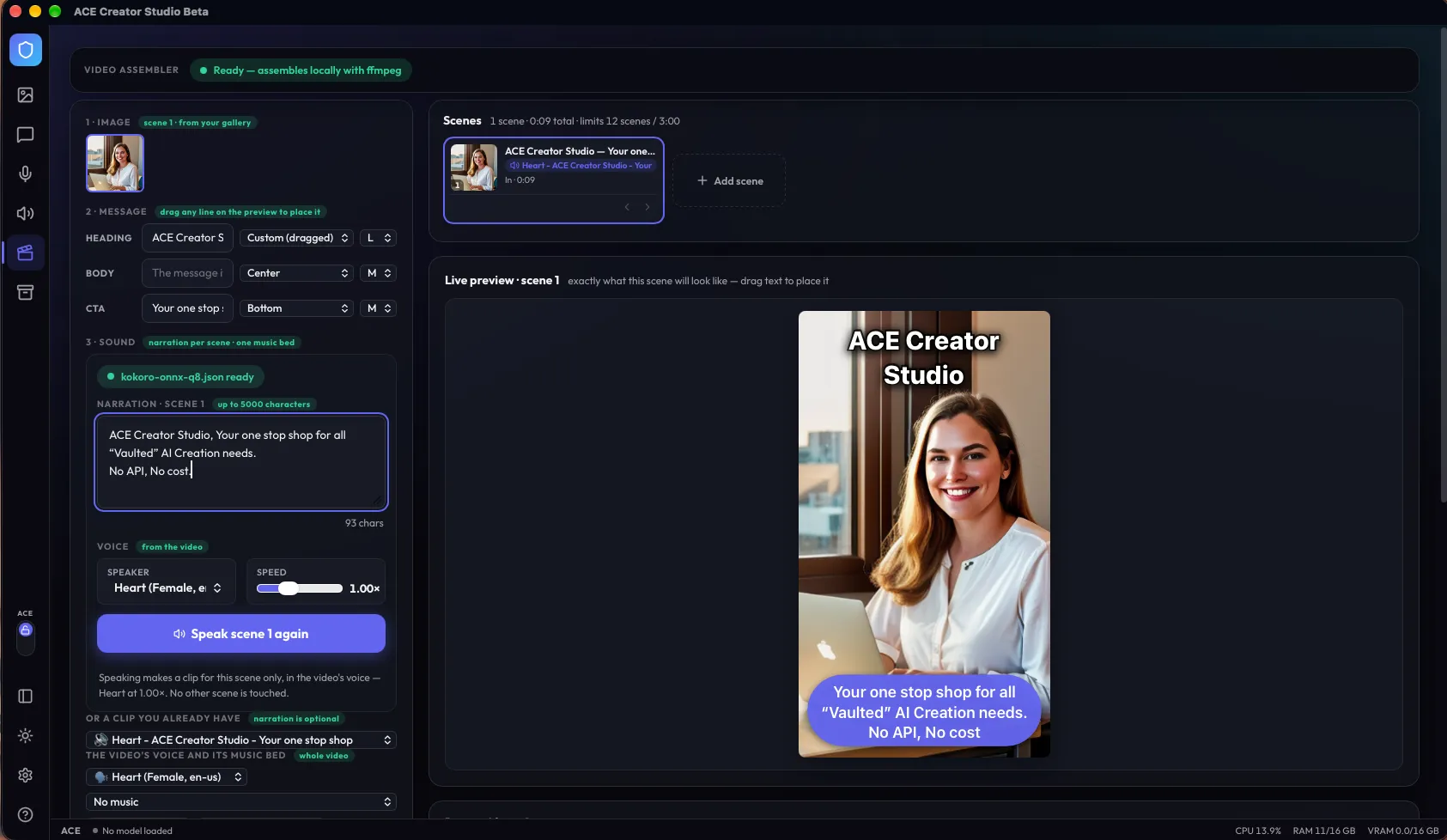 Video Assembler — image, narration, copy, and timing assembled locally.