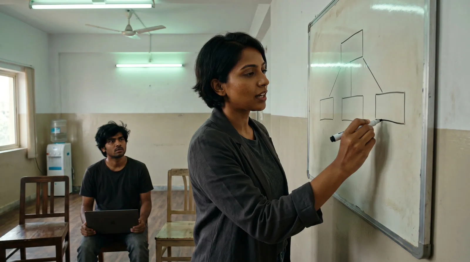 A young professional structuring an idea at a whiteboard