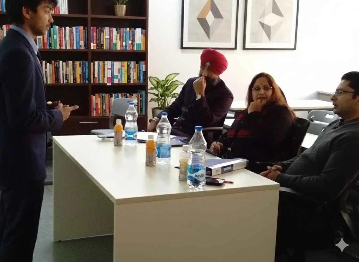 A professional presenting a case to experienced evaluators