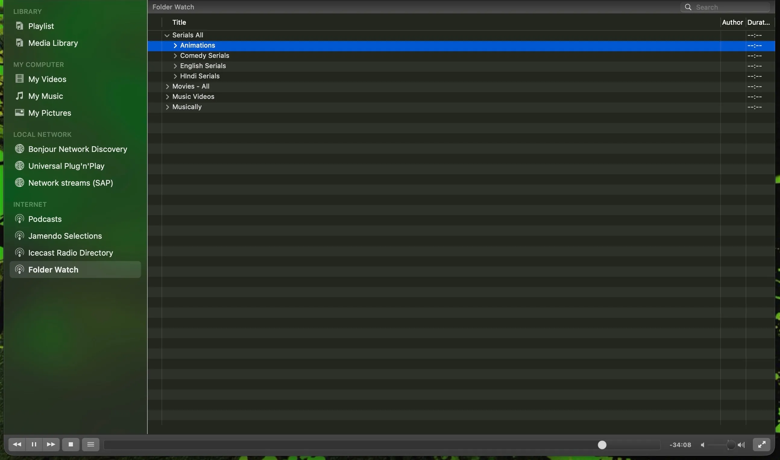 VLC's sidebar with a Folder Watch entry showing Serials All expanded into Animations, Comedy Serials, English Serials and Hindi Serials, beside Movies, Music Videos and Musically
