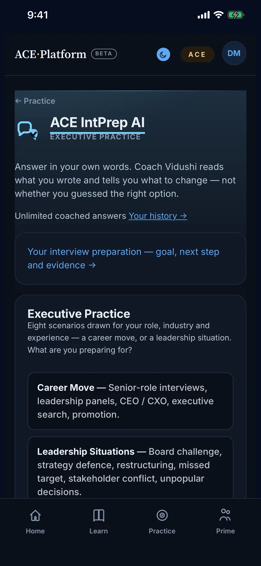 Interview Practice: answer in your own words, then a coach reads what you wrote.