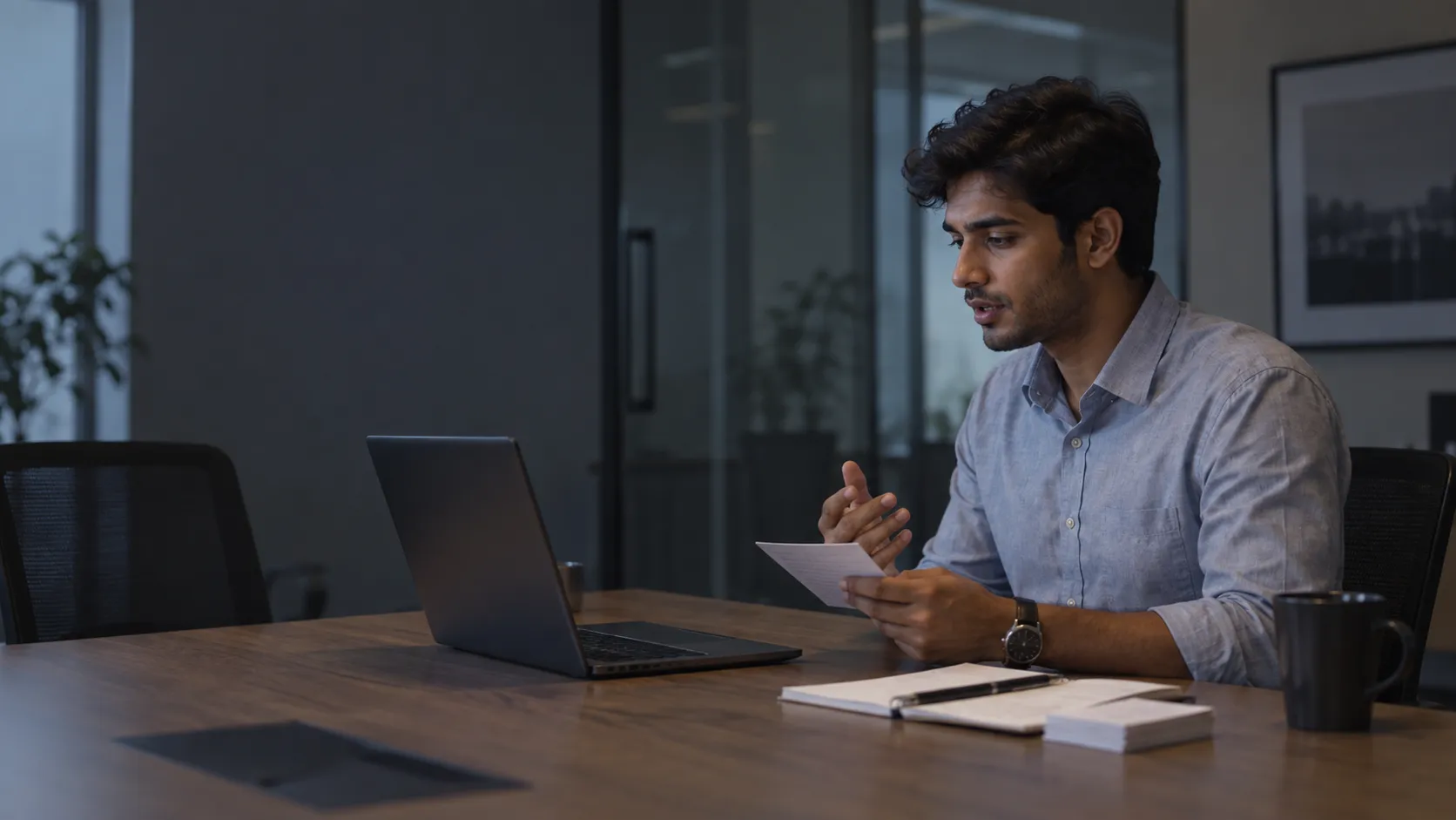 A professional rehearsing interview answers from notes beside a laptop