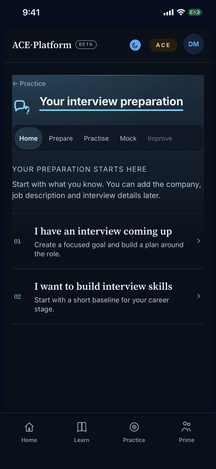 ACE Interview Practice AI, a real screen from the app