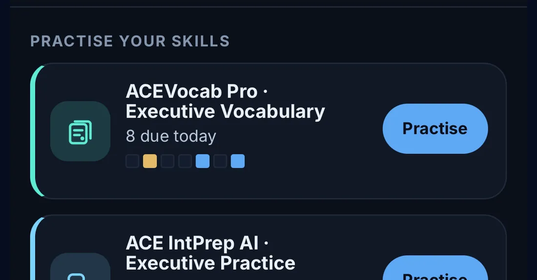 ACE Platform practice view listing Vocabulary, Interview Practice, Presence and Career Lens