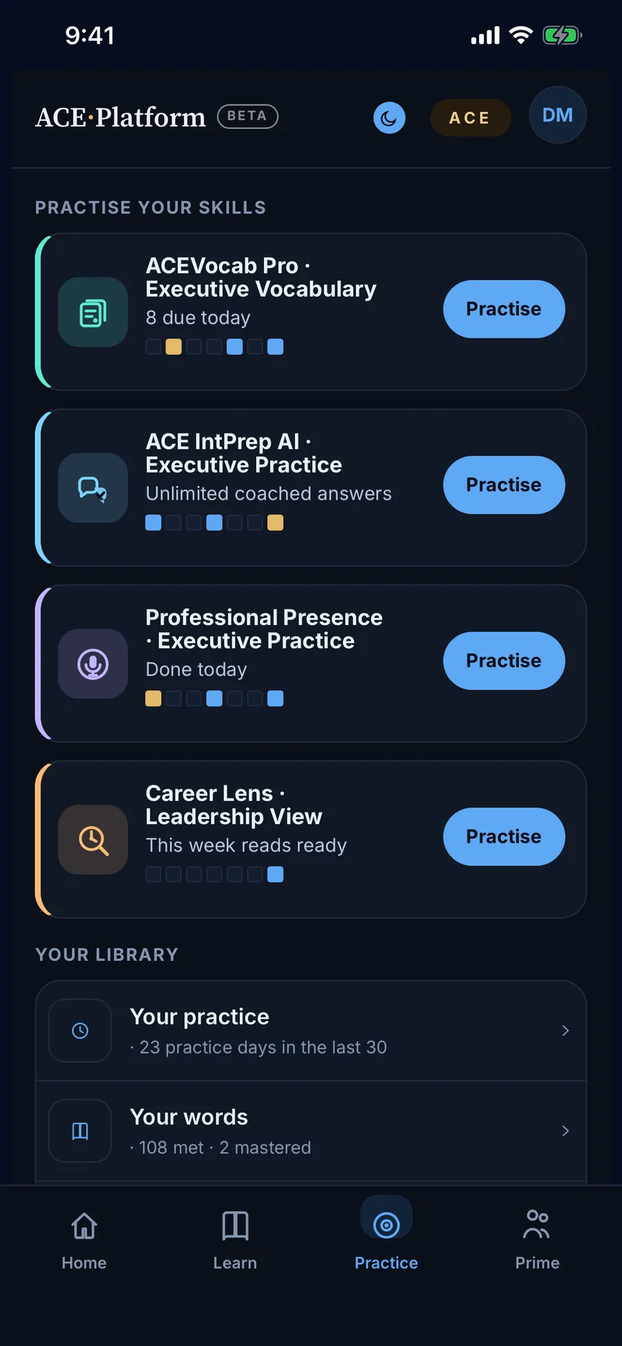ACE Platform practice on a phone: the four practice apps with this week's activity