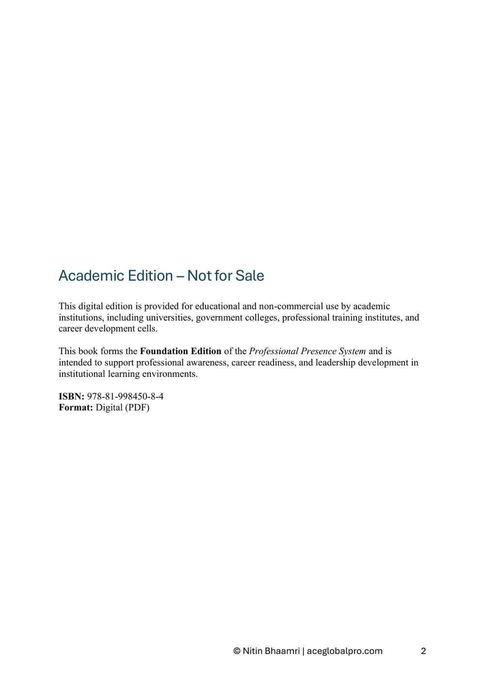Verso page of the Academic edition of Professional Presence System — Practitioner Edition, showing ISBN 978-81-998450-8-4