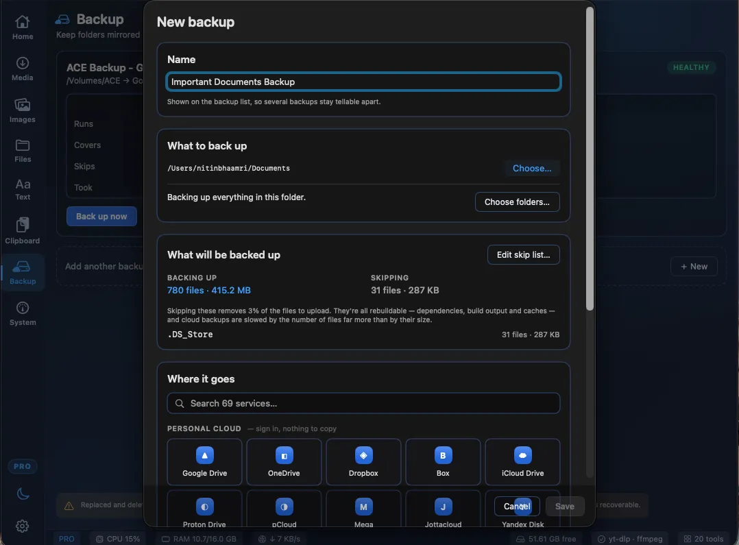 Backup setup — the folders and cloud destination are explicit before anything runs.