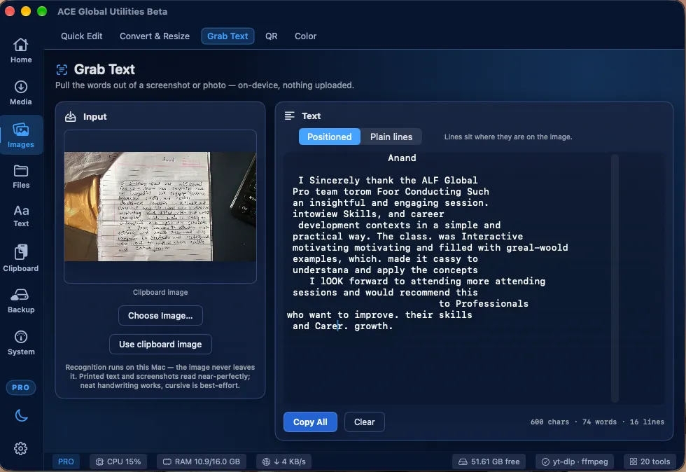 Grab Text — text from the screen, ready to use without another tool.