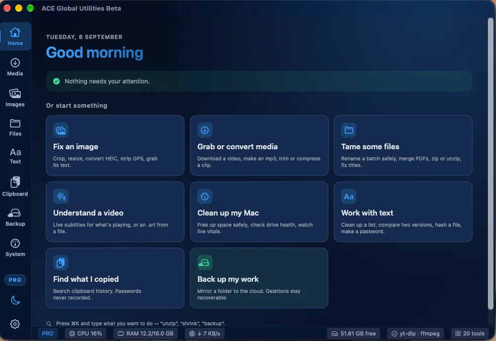 ACE Global Utilities, a real screen from the Mac app