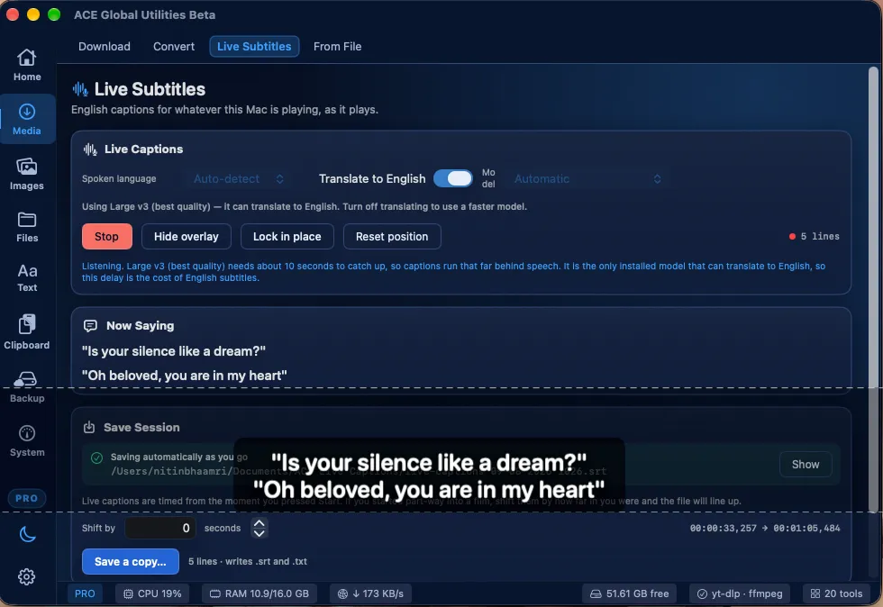 Live Subtitles — spoken words become usable text without leaving the toolbench.