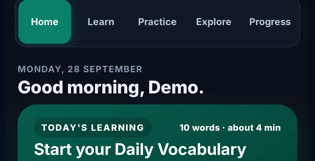 ACE Platform daily vocabulary practice screen