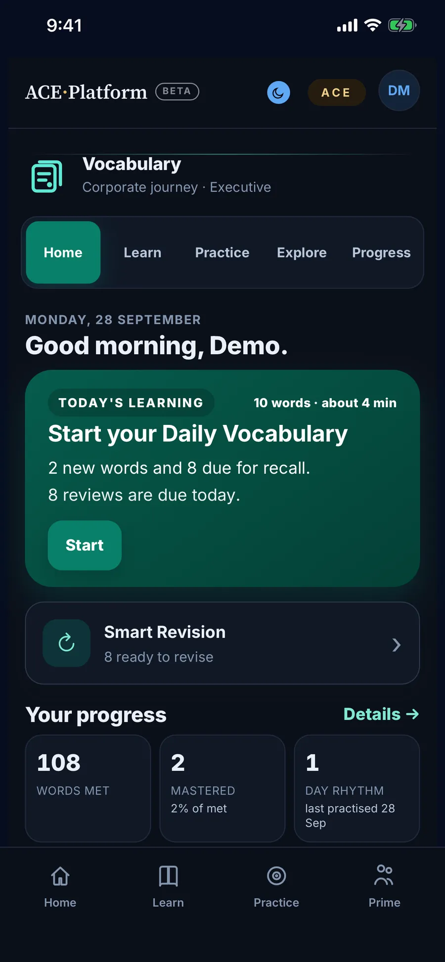 ACE Vocab Pro, a real screen from the app