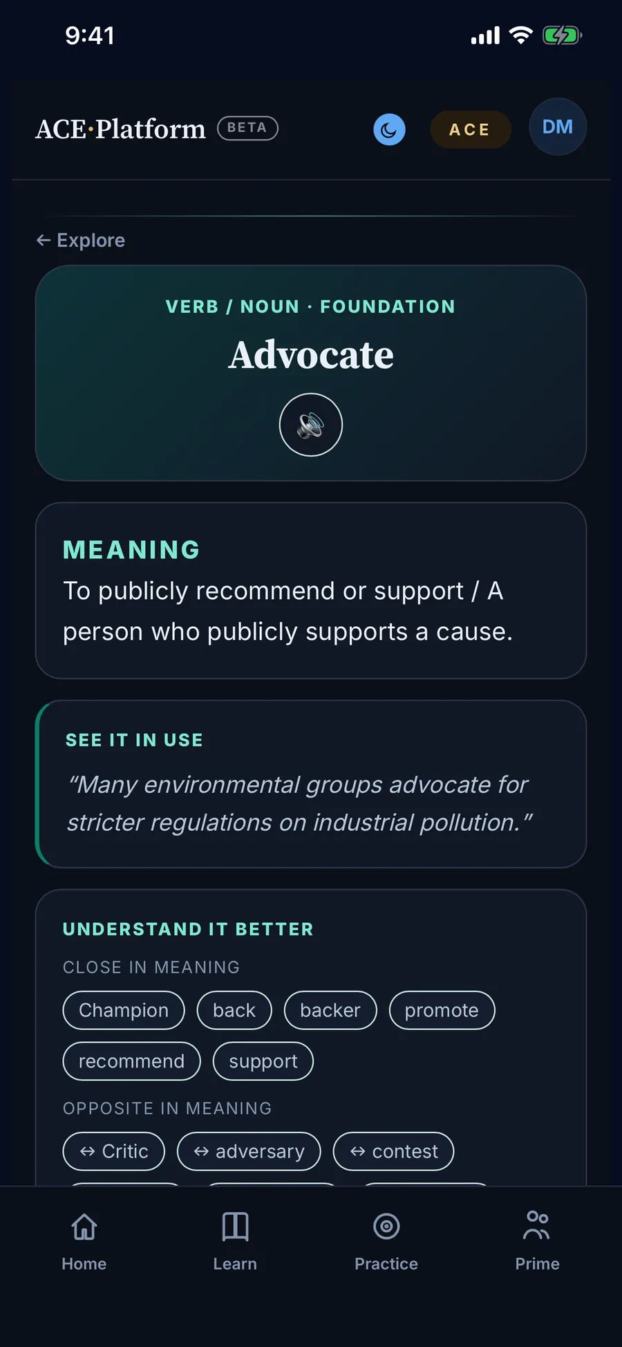 A word entry: its meaning, how it is used, and the words around it.